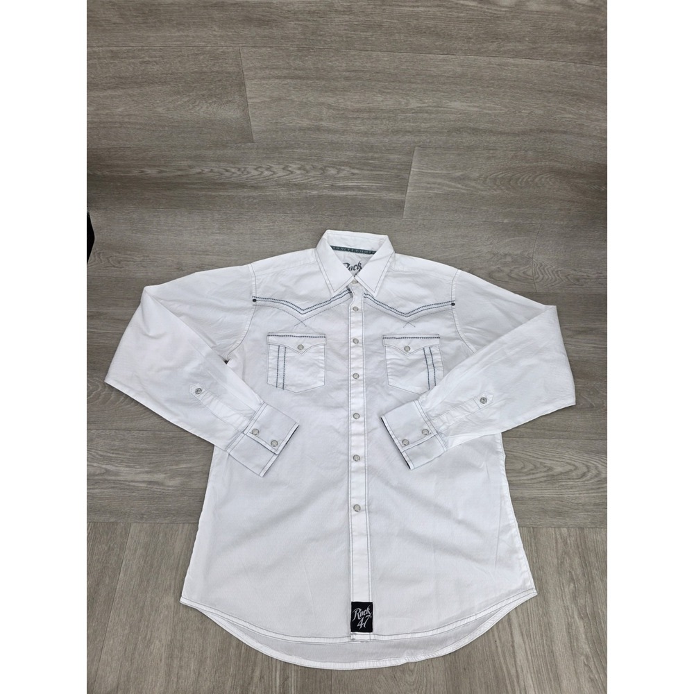 Rock 47 Wrangler Men's Pearl Snap Shirt White Long Sleeve Western Size M